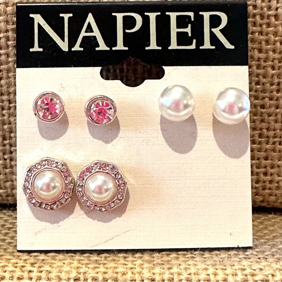 NWT Napier Earrings- set of 3 pairs- silver tone, clear rhinestones, faux pearls - Picture 2 of 8